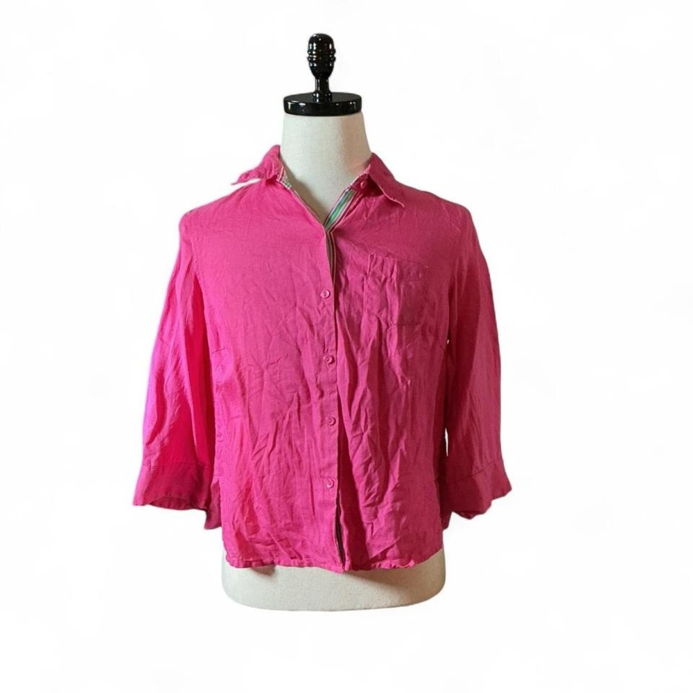 Lily Stanhope Pink Linen Button Up‎ Shirt 3/4 Sleeve Collared Top Women's Costal